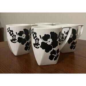 Coventry Babesques Black Mug Cup 10oz Fine Porcelain Floral Coffee Tea Set of 4